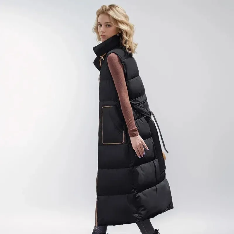 2024 Winter neue lange Damen Daunen Baumwolle Weste Jacke stilvolle und High-End Plüsch Stehkragen genähte Taille schlanker warme Jacke