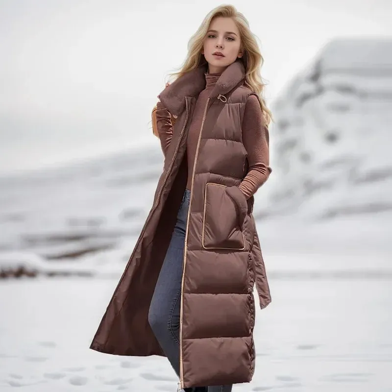 2024 Winter neue lange Damen Daunen Baumwolle Weste Jacke stilvolle und High-End Plüsch Stehkragen genähte Taille schlanker warme Jacke