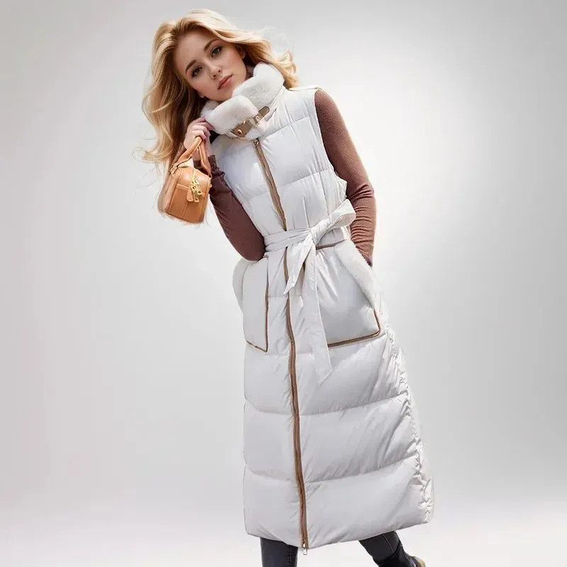 2024 Winter neue lange Damen Daunen Baumwolle Weste Jacke stilvolle und High-End Plüsch Stehkragen genähte Taille schlanker warme Jacke