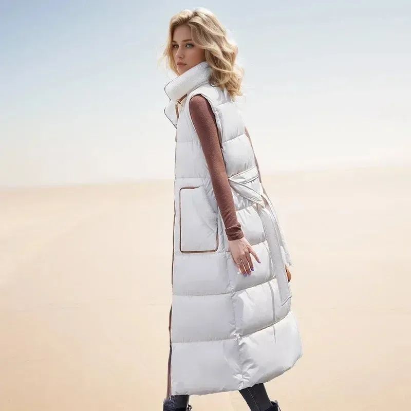 2024 Winter neue lange Damen Daunen Baumwolle Weste Jacke stilvolle und High-End Plüsch Stehkragen genähte Taille schlanker warme Jacke