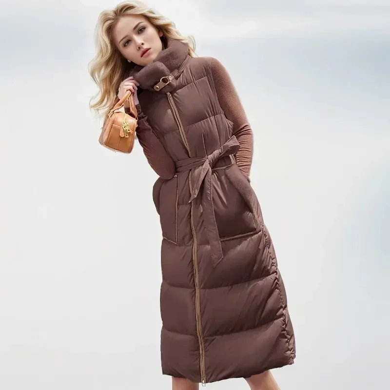 2024 Winter neue lange Damen Daunen Baumwolle Weste Jacke stilvolle und High-End Plüsch Stehkragen genähte Taille schlanker warme Jacke