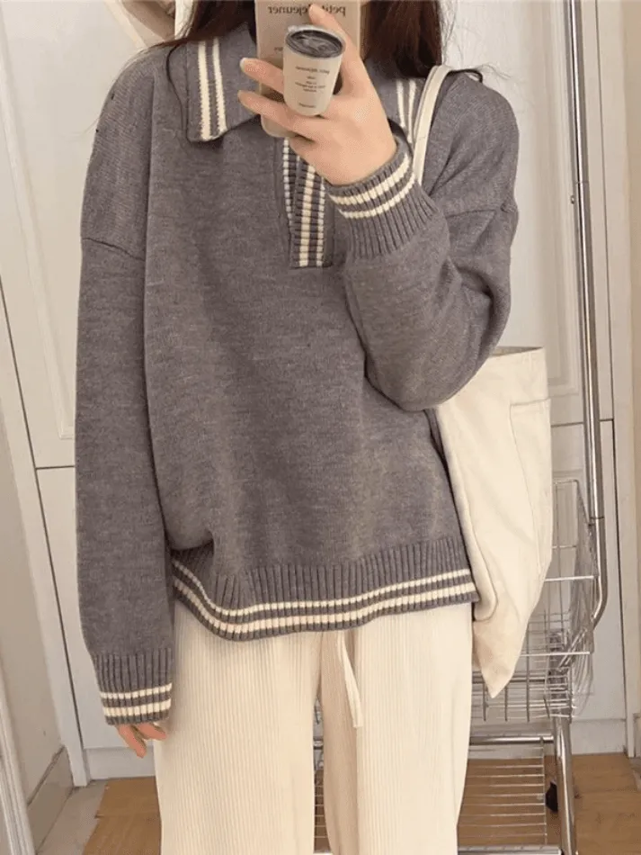 Back To School Sonicelife Contrast Trim Pullover Sweater