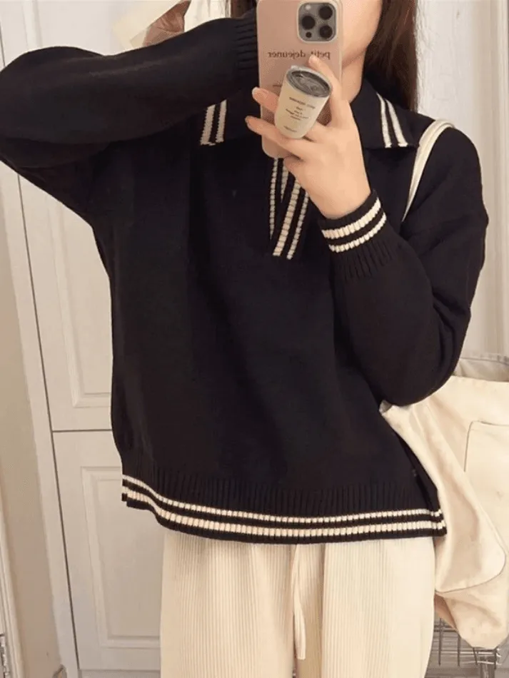 Back To School Sonicelife Contrast Trim Pullover Sweater