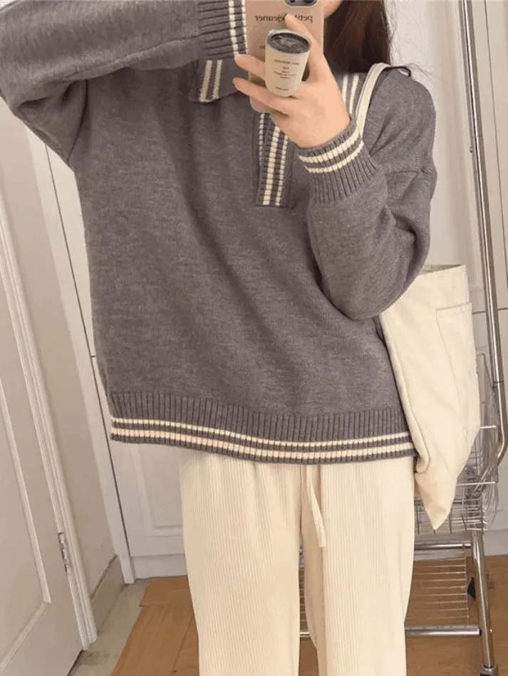 Back To School Sonicelife Contrast Trim Pullover Sweater