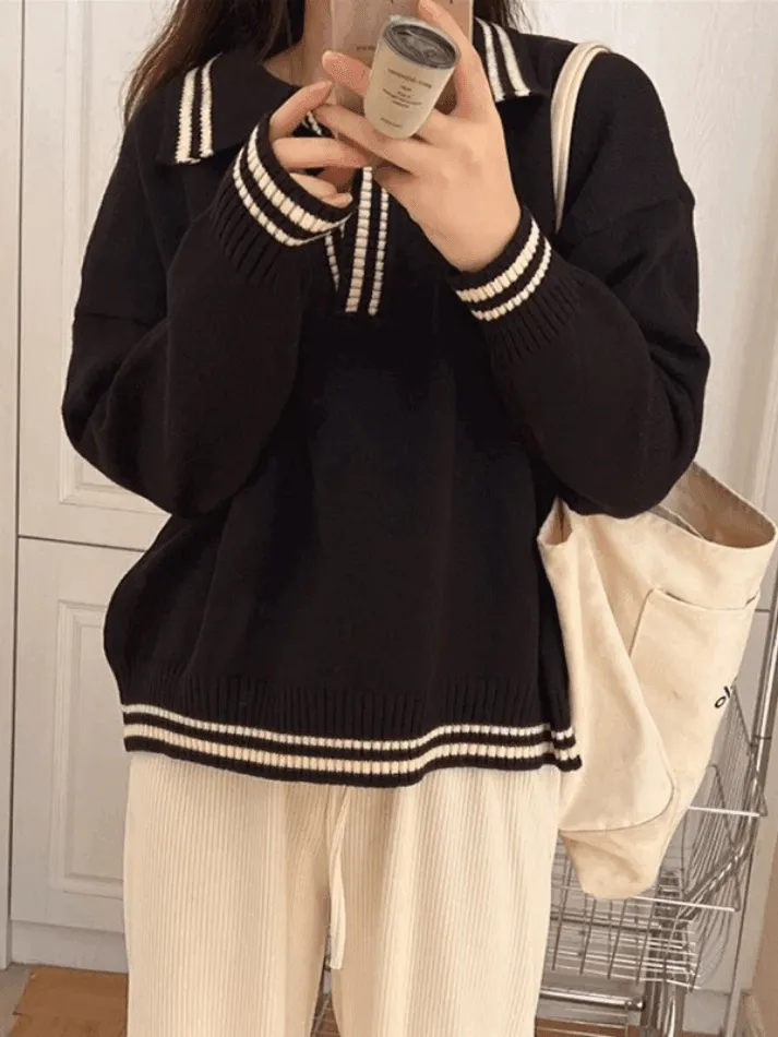 Back To School Sonicelife Contrast Trim Pullover Sweater