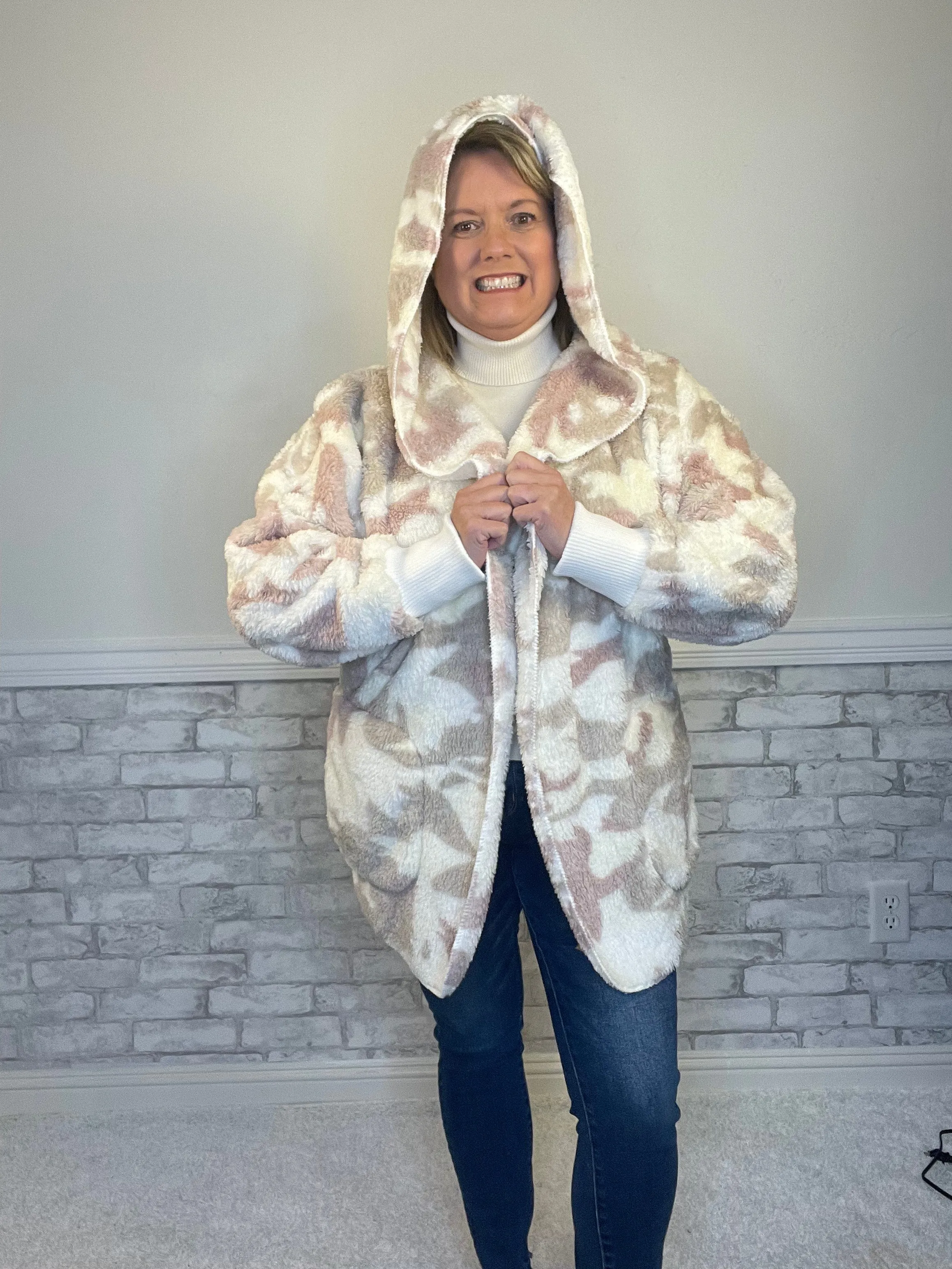 Blush, Beige, & Cream Colored Camo Furlike Open Jacket with Hood