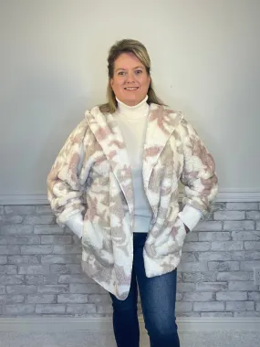 Blush, Beige, & Cream Colored Camo Furlike Open Jacket with Hood