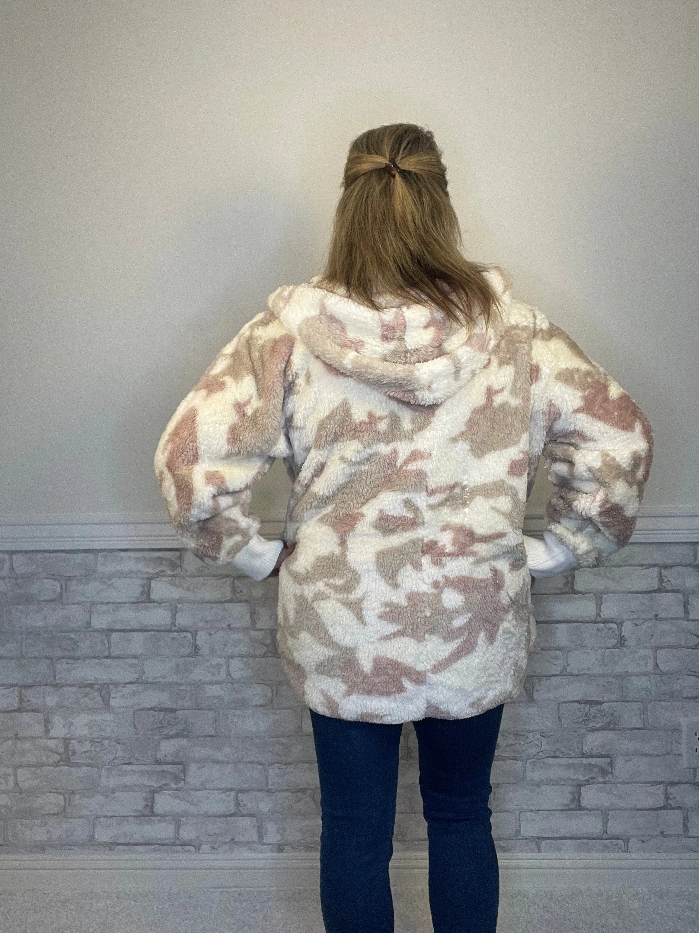 Blush, Beige, & Cream Colored Camo Furlike Open Jacket with Hood