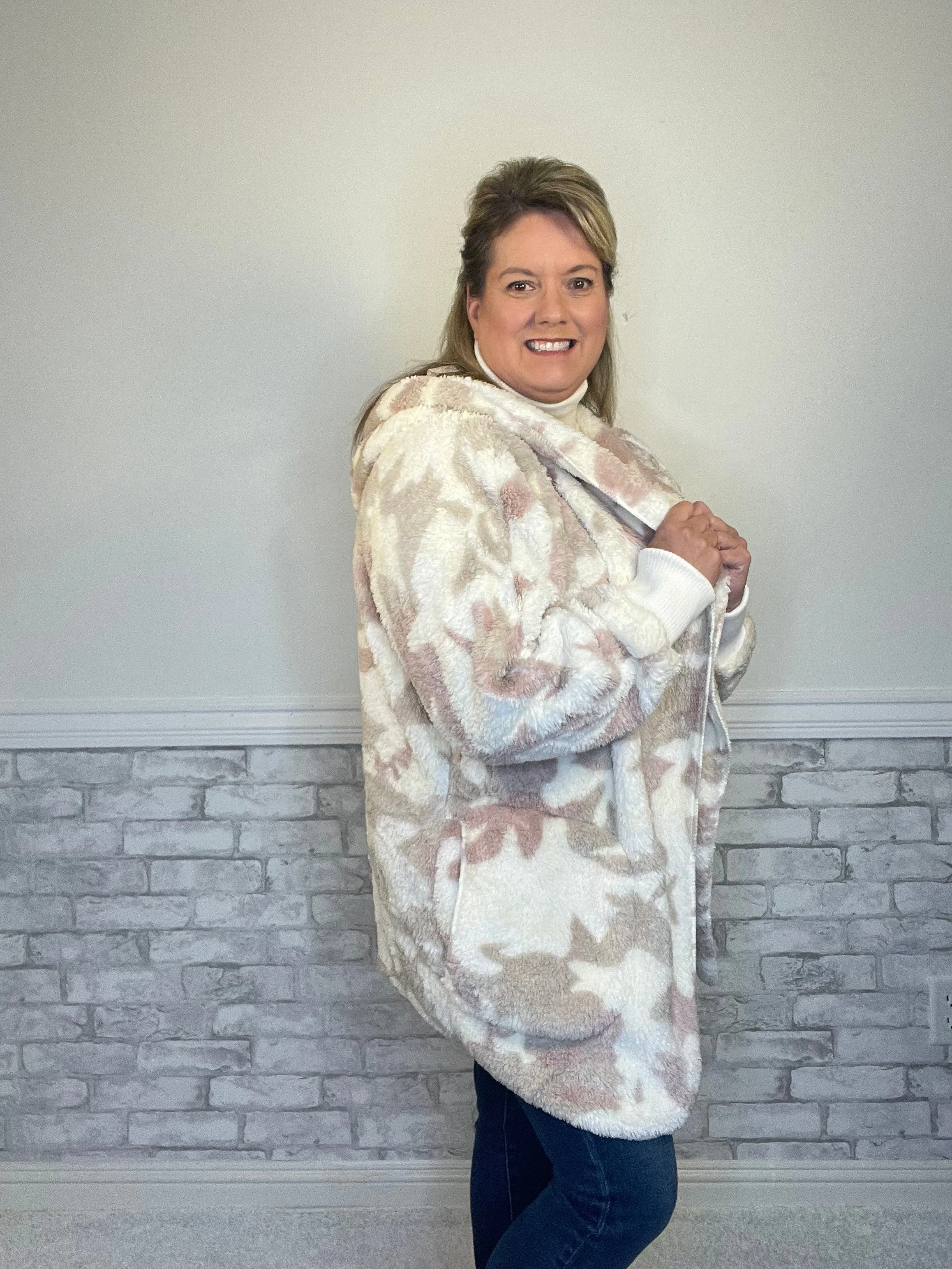 Blush, Beige, & Cream Colored Camo Furlike Open Jacket with Hood