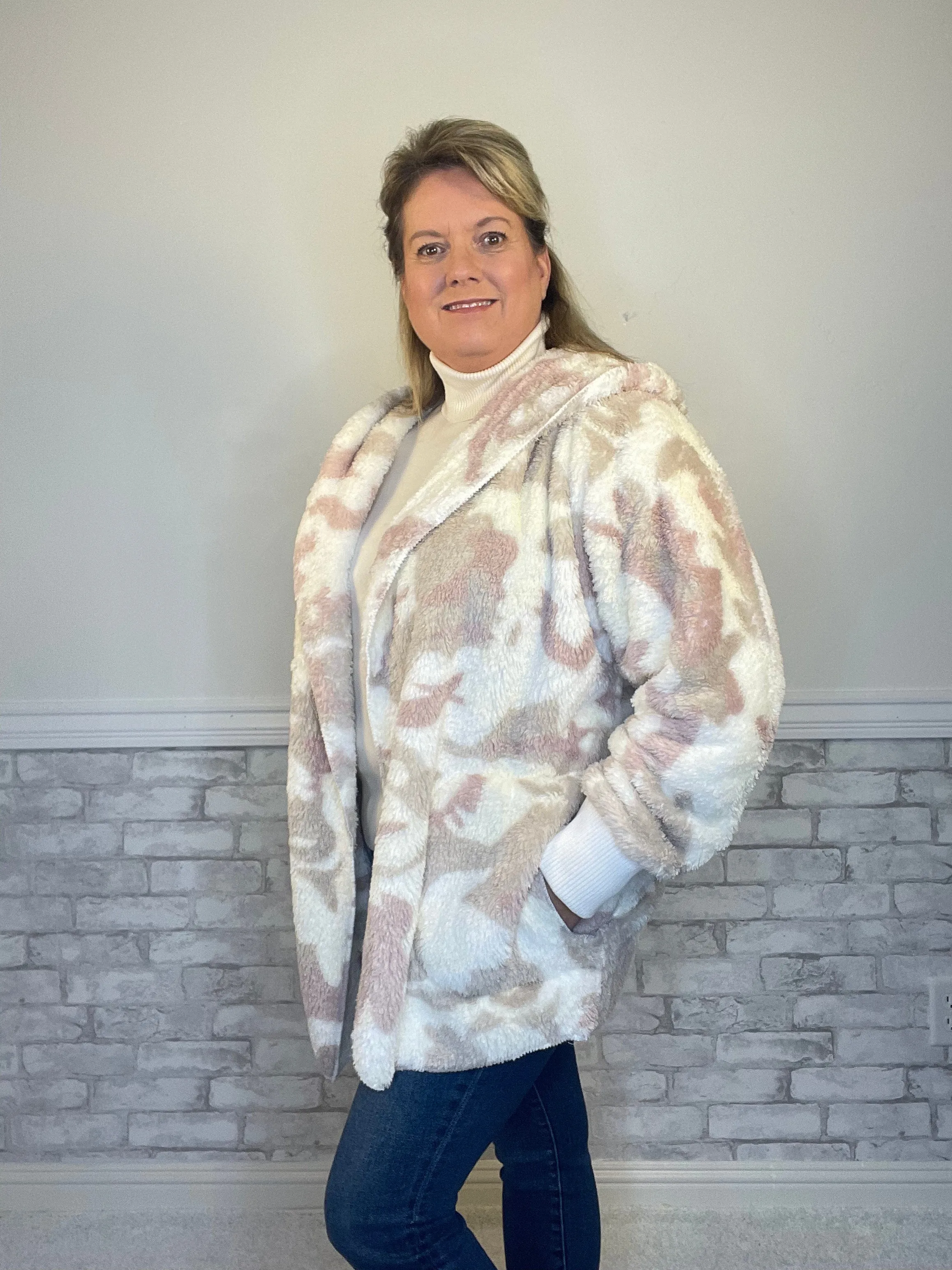 Blush, Beige, & Cream Colored Camo Furlike Open Jacket with Hood