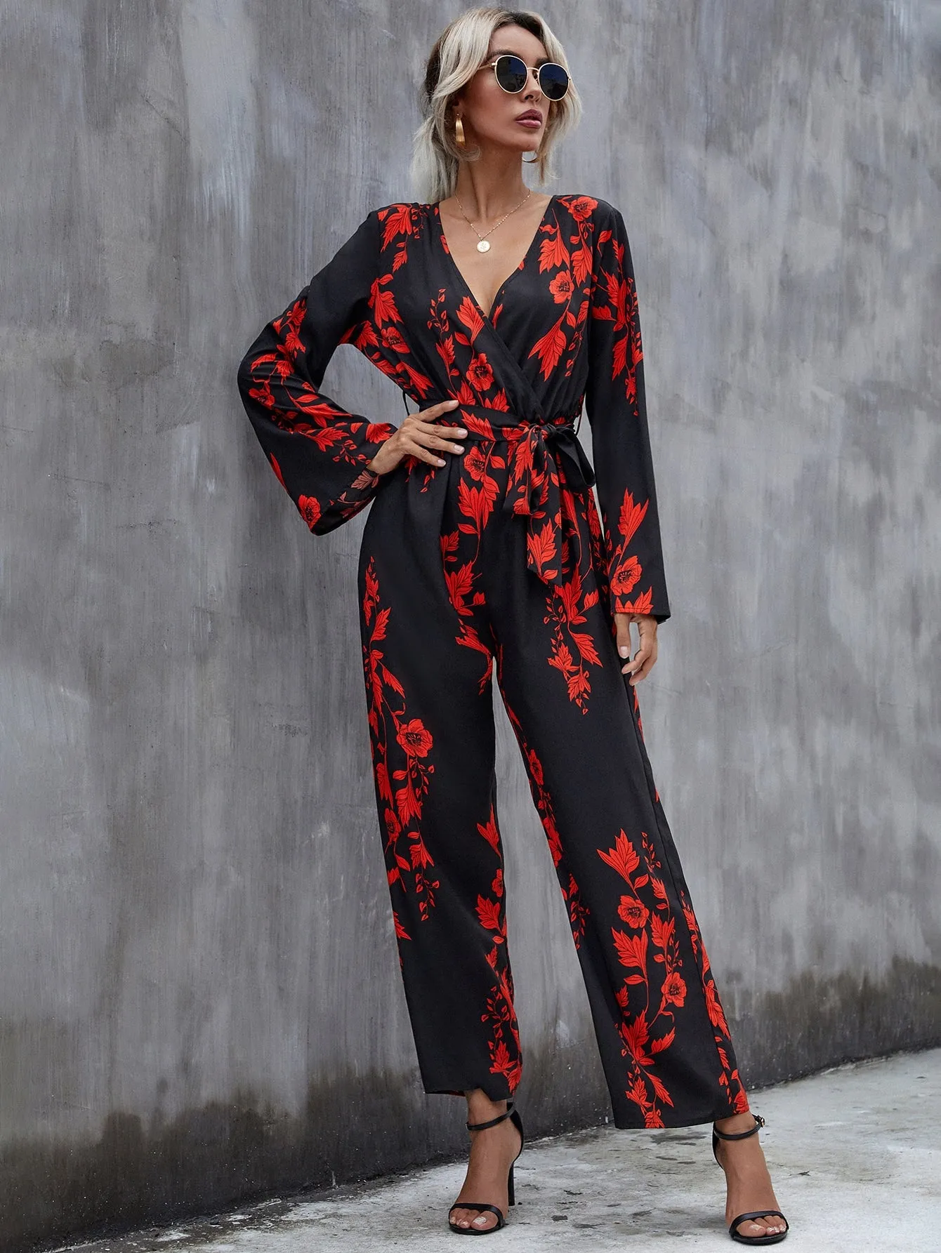 Boho Floral Wrap Long Sleeve V Neck High Waist Long Women Jumpsuit