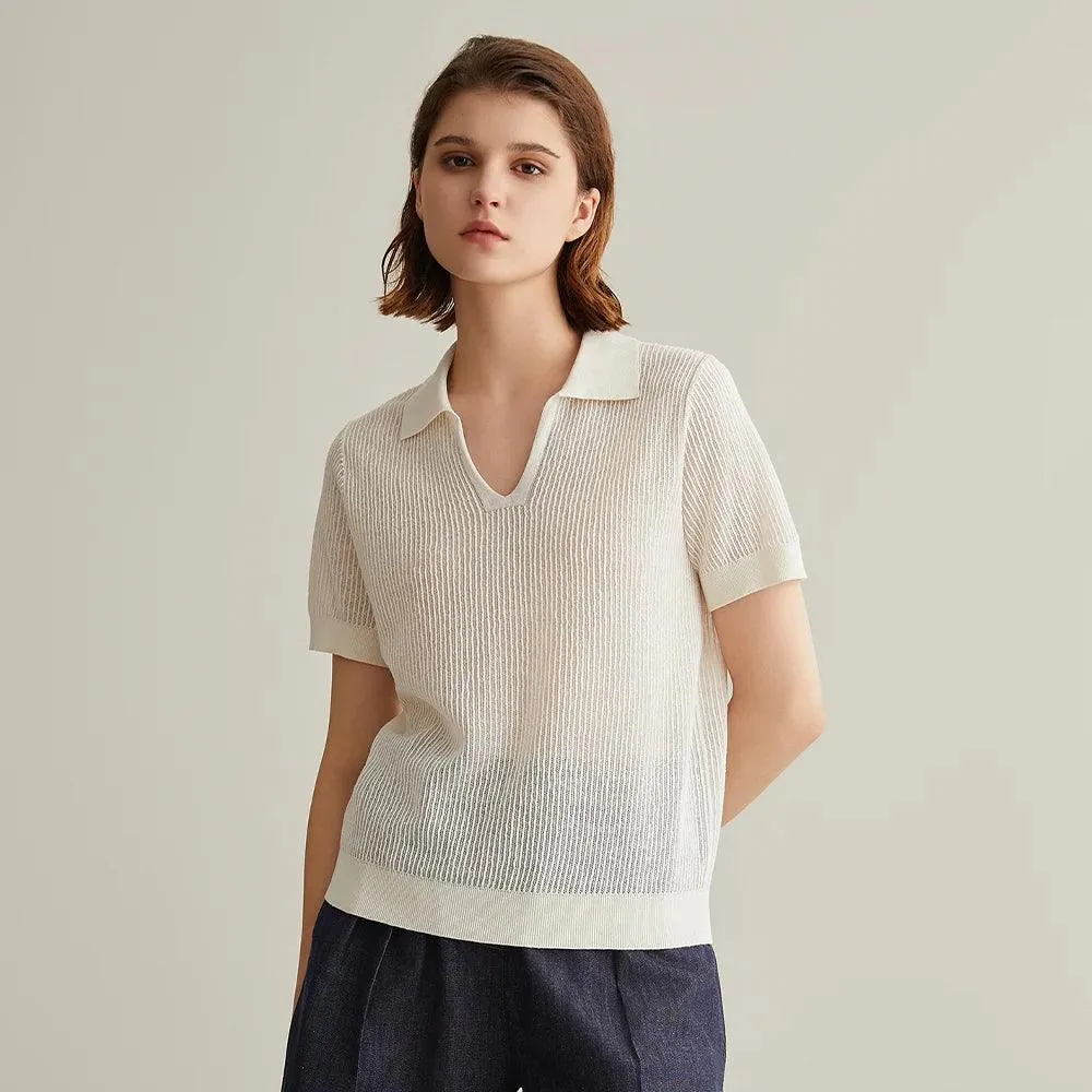 Chic Linen-Silk Blend Knitted Polo Sweater for Women