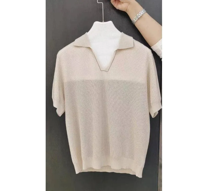 Chic Linen-Silk Blend Knitted Polo Sweater for Women