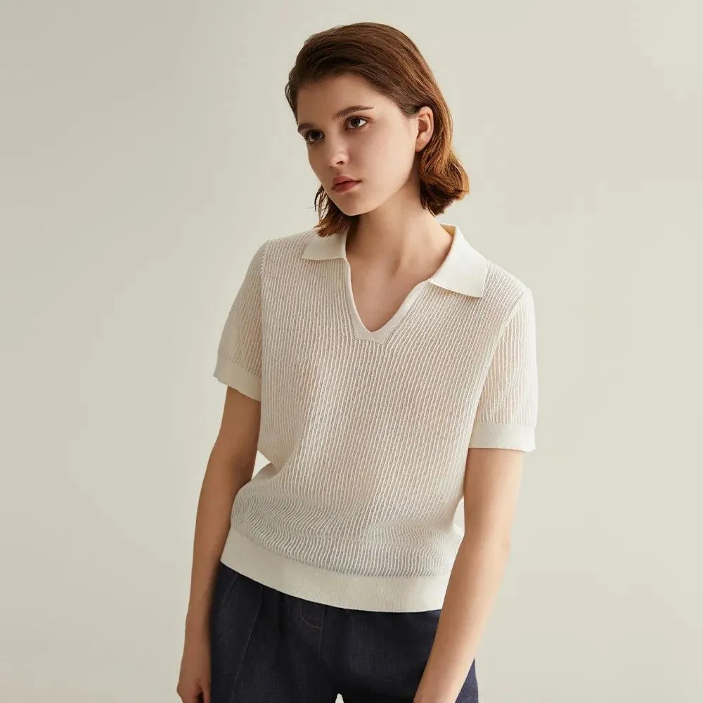 Chic Linen-Silk Blend Knitted Polo Sweater for Women