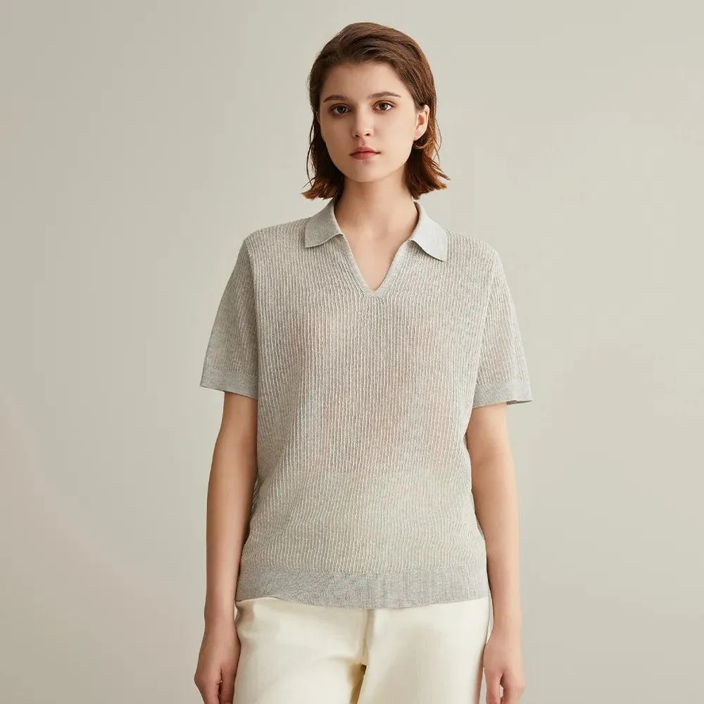 Chic Linen-Silk Blend Knitted Polo Sweater for Women