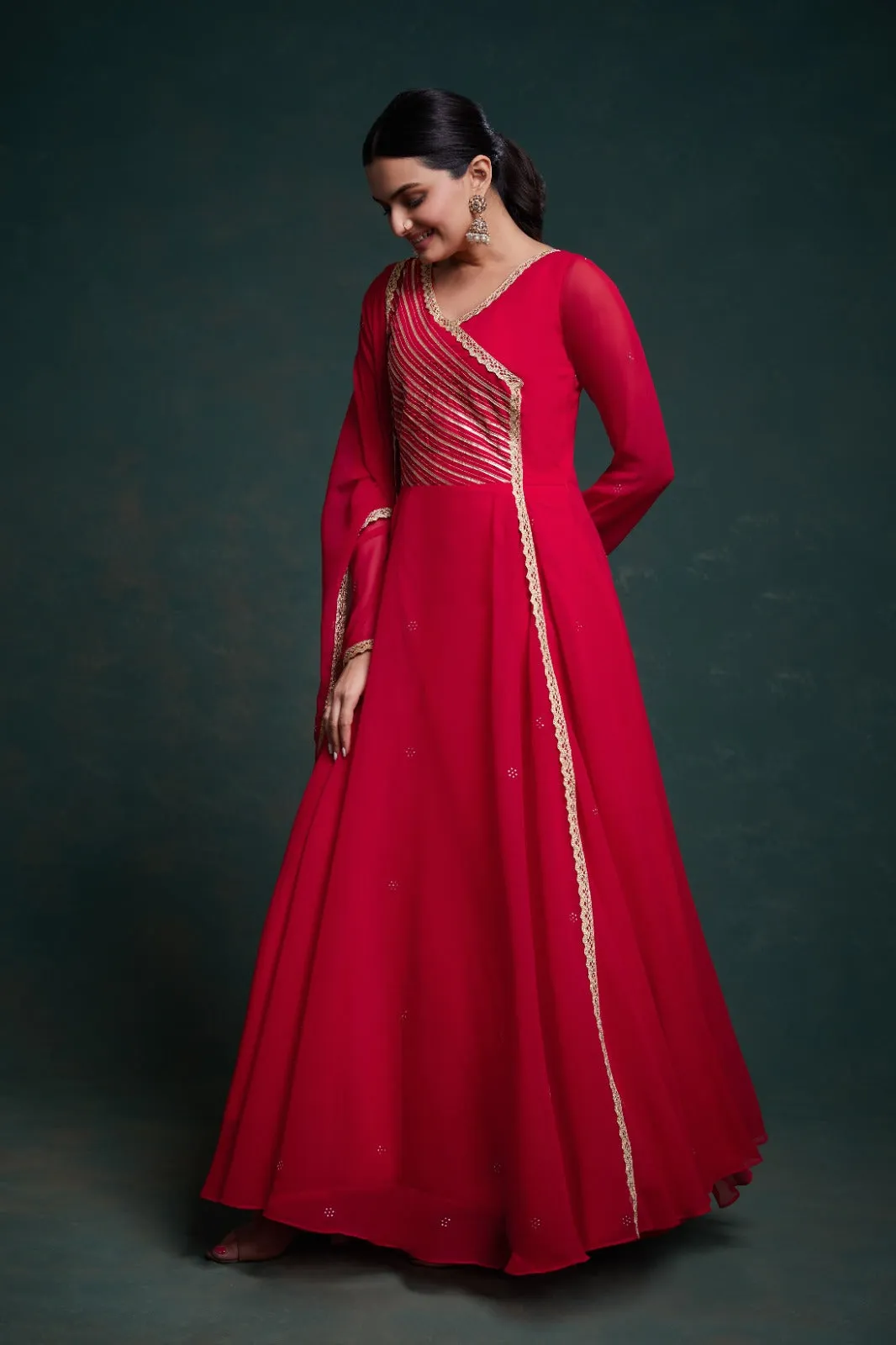 Chic Red Georgette Dress with Elegant Prints – Ready to Wear