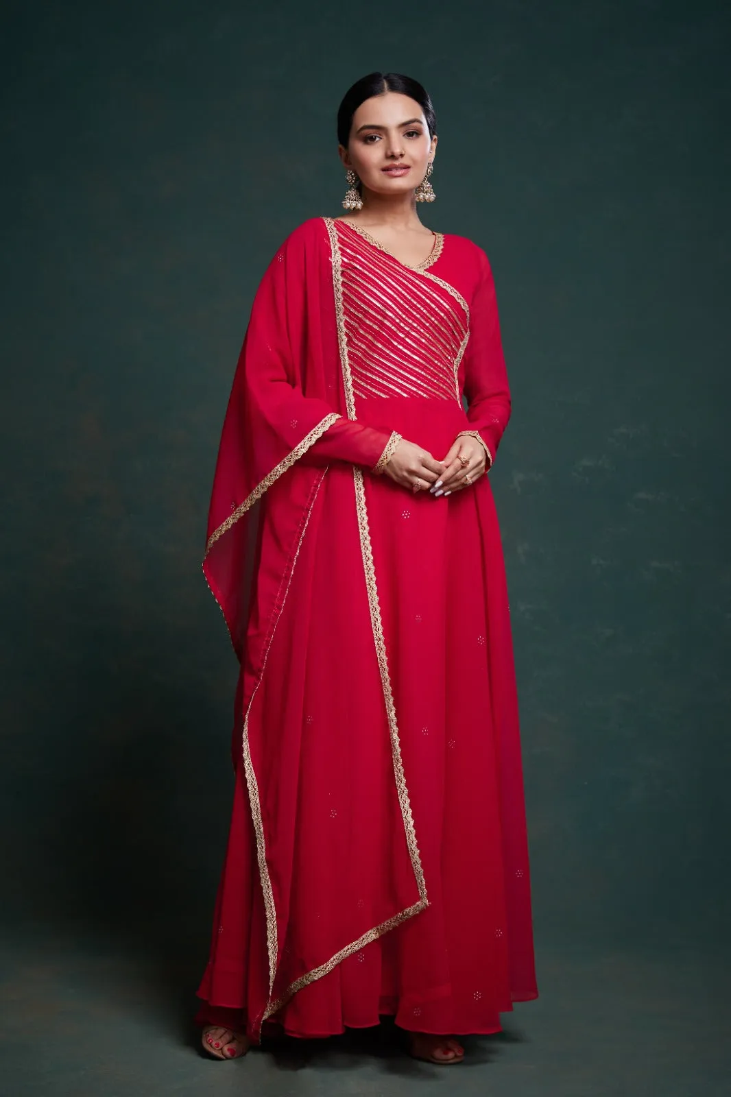 Chic Red Georgette Dress with Elegant Prints – Ready to Wear