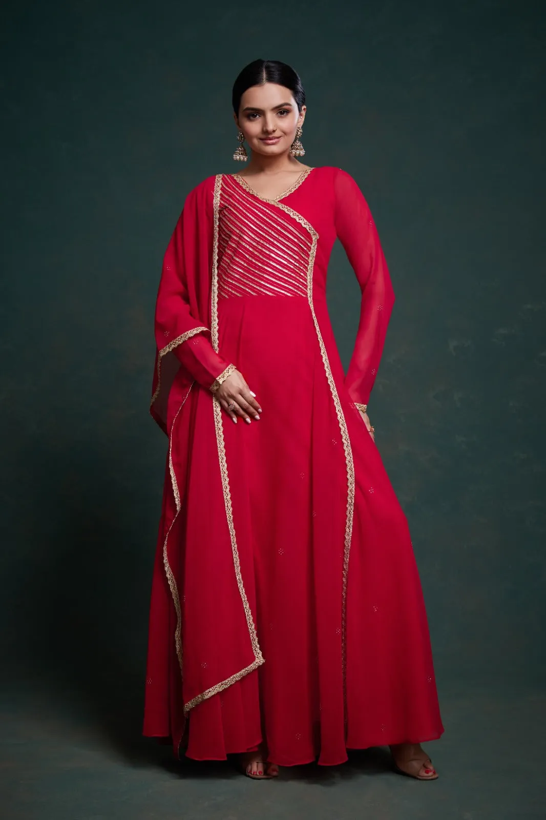 Chic Red Georgette Dress with Elegant Prints – Ready to Wear