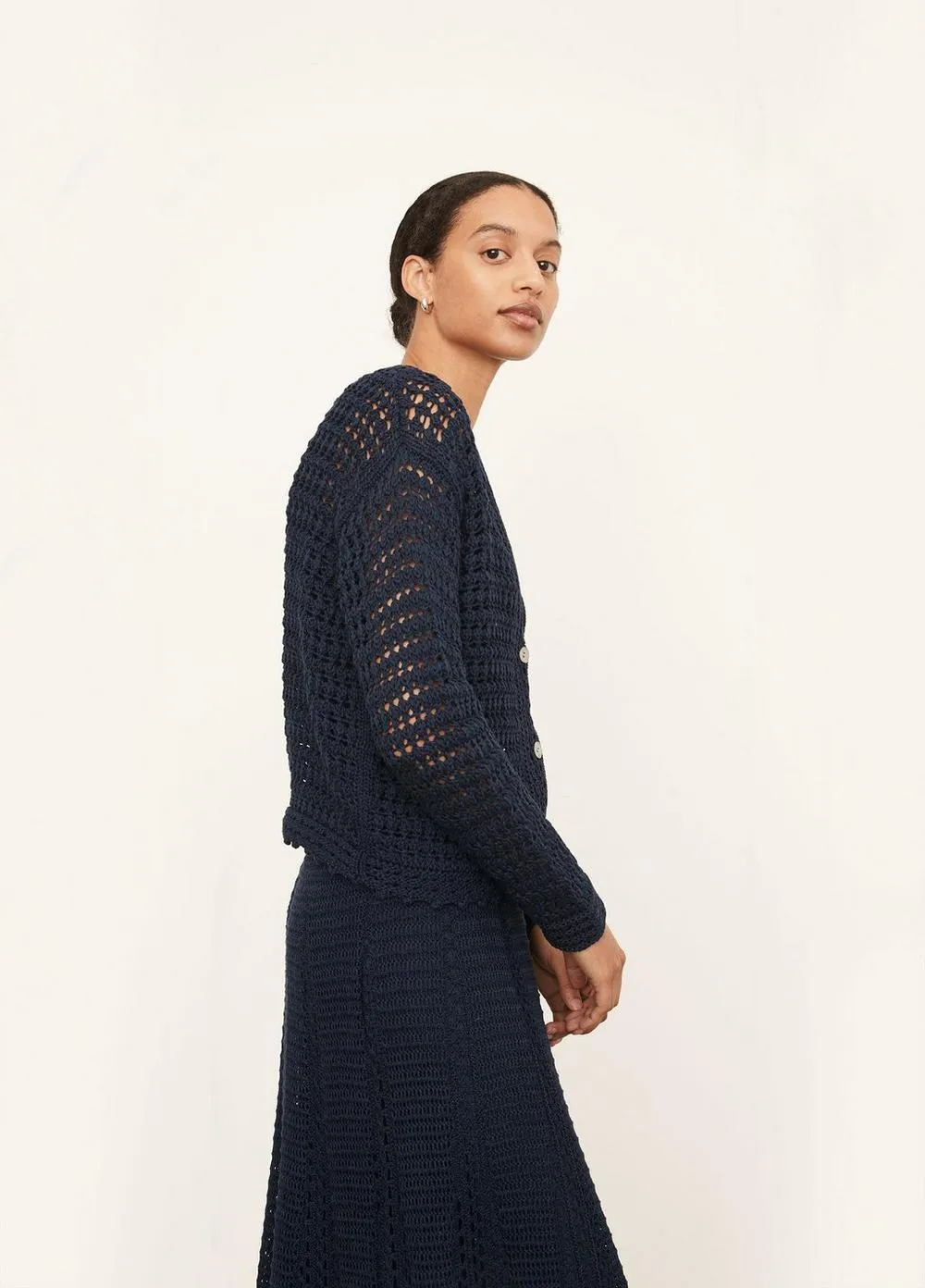 Crochet Cardigan Sweater in Navy