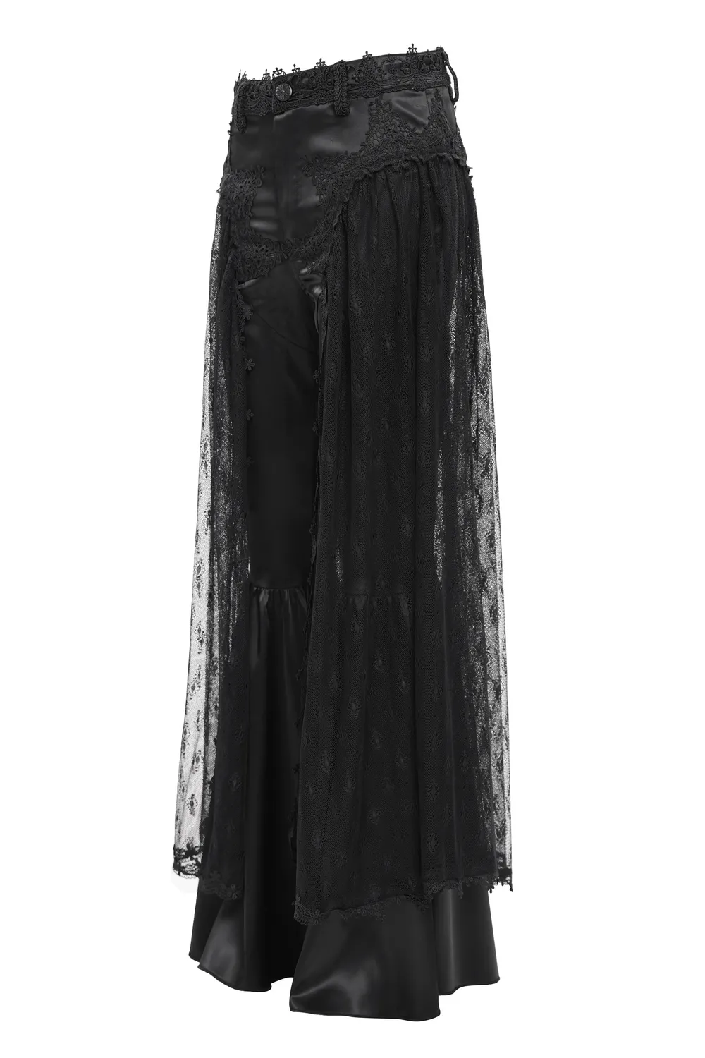 Gothic Lace Overlay Bell-Bottom Pants with Satin Accents