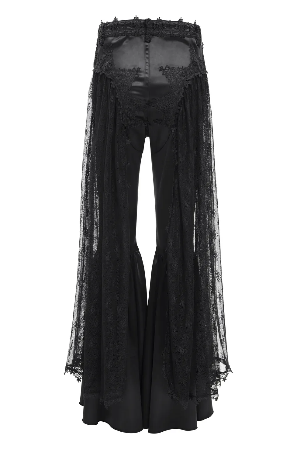 Gothic Lace Overlay Bell-Bottom Pants with Satin Accents