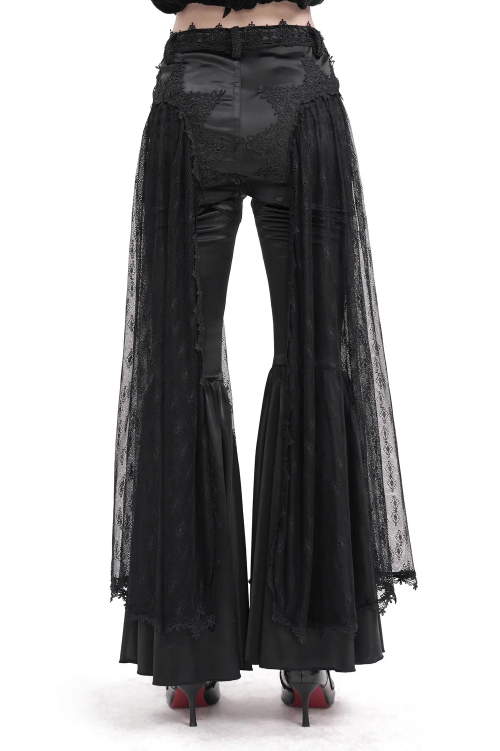 Gothic Lace Overlay Bell-Bottom Pants with Satin Accents