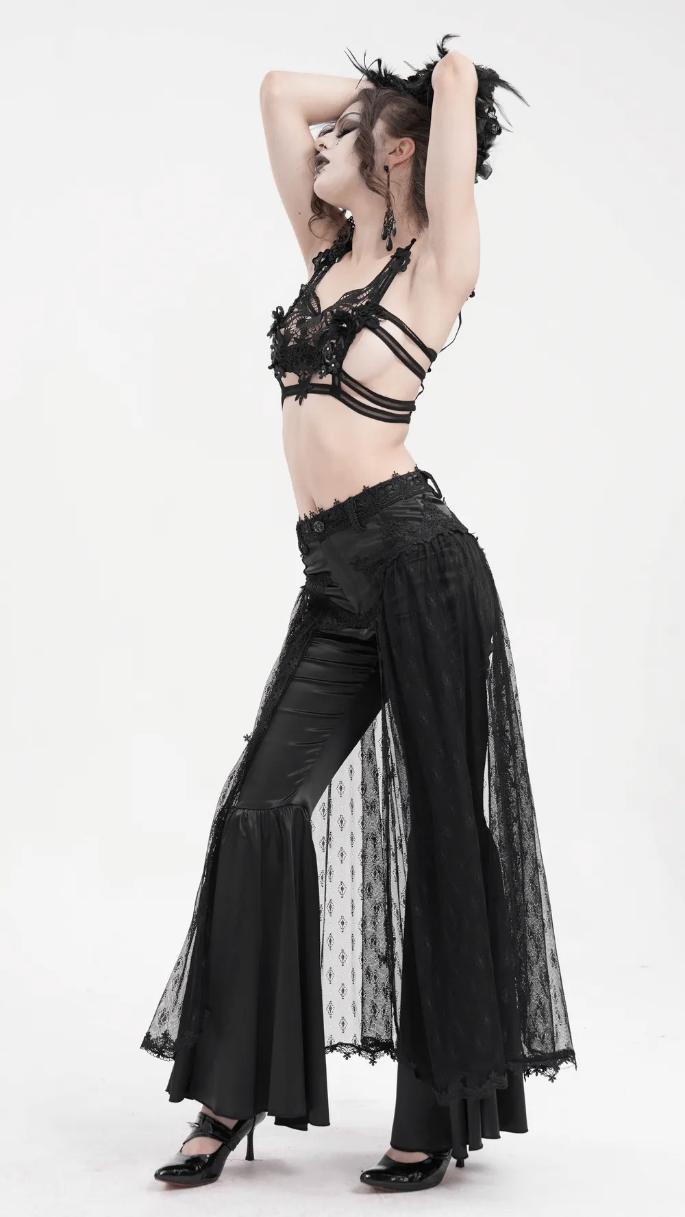 Gothic Lace Overlay Bell-Bottom Pants with Satin Accents