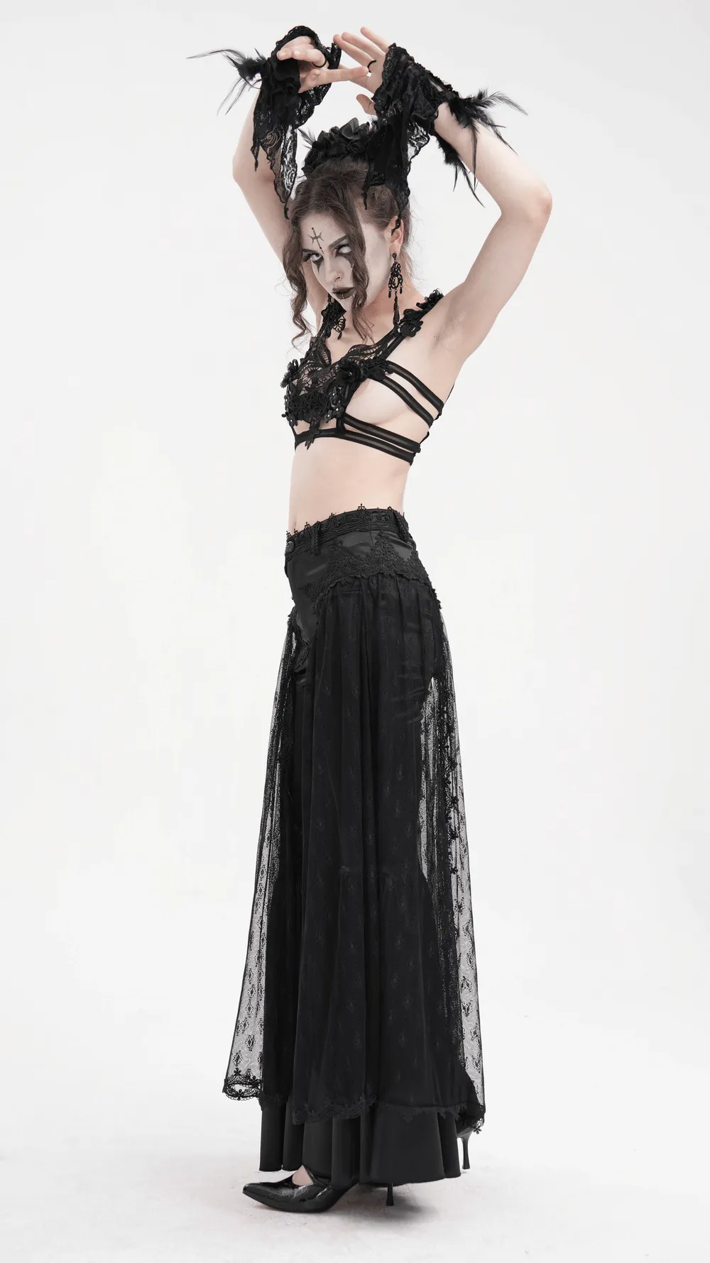 Gothic Lace Overlay Bell-Bottom Pants with Satin Accents