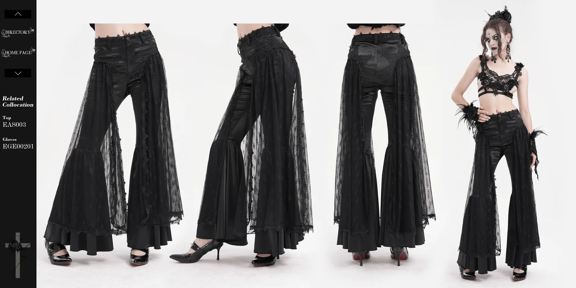 Gothic Lace Overlay Bell-Bottom Pants with Satin Accents