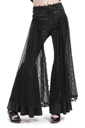 Gothic Lace Overlay Bell-Bottom Pants with Satin Accents
