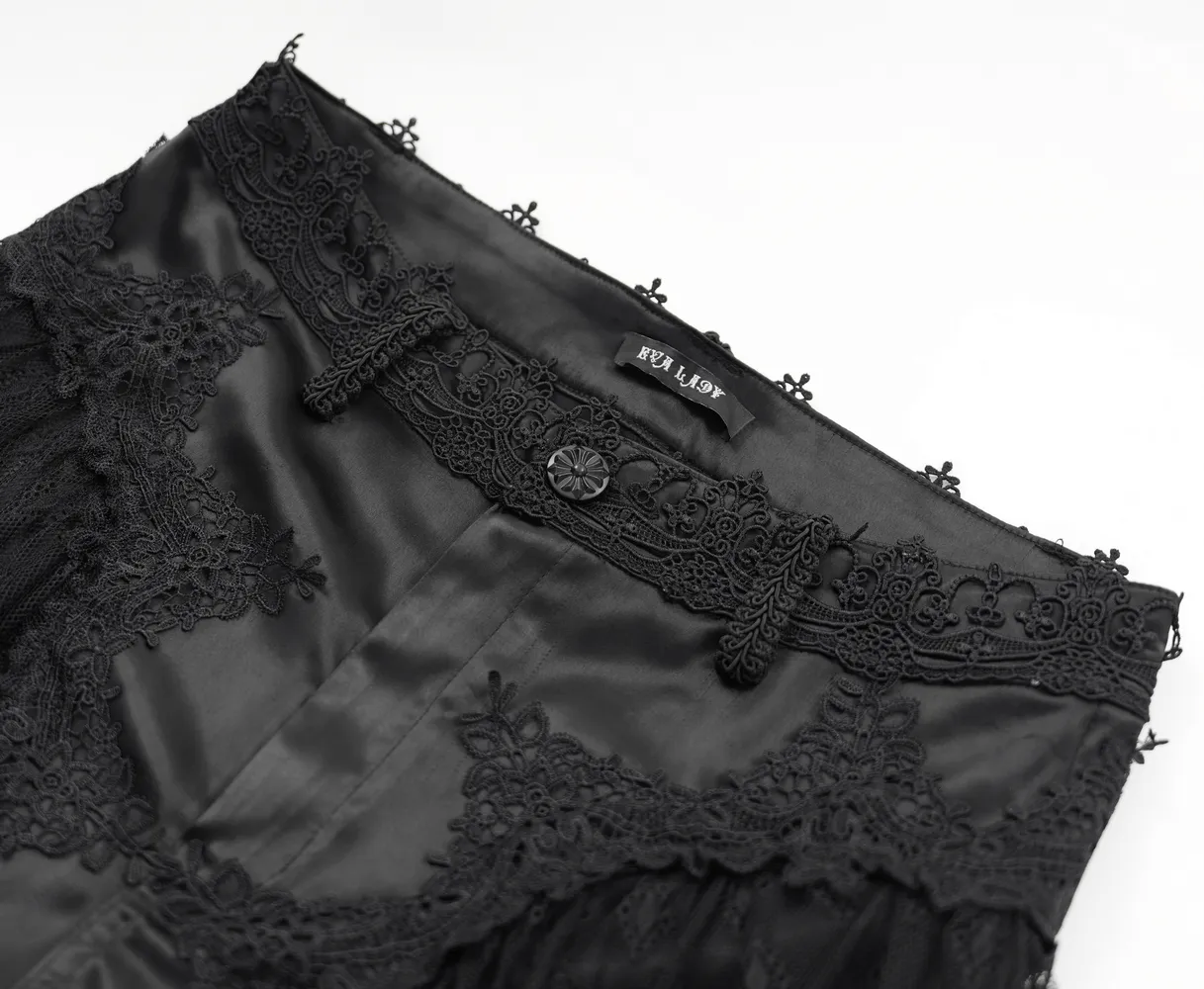 Gothic Lace Overlay Bell-Bottom Pants with Satin Accents