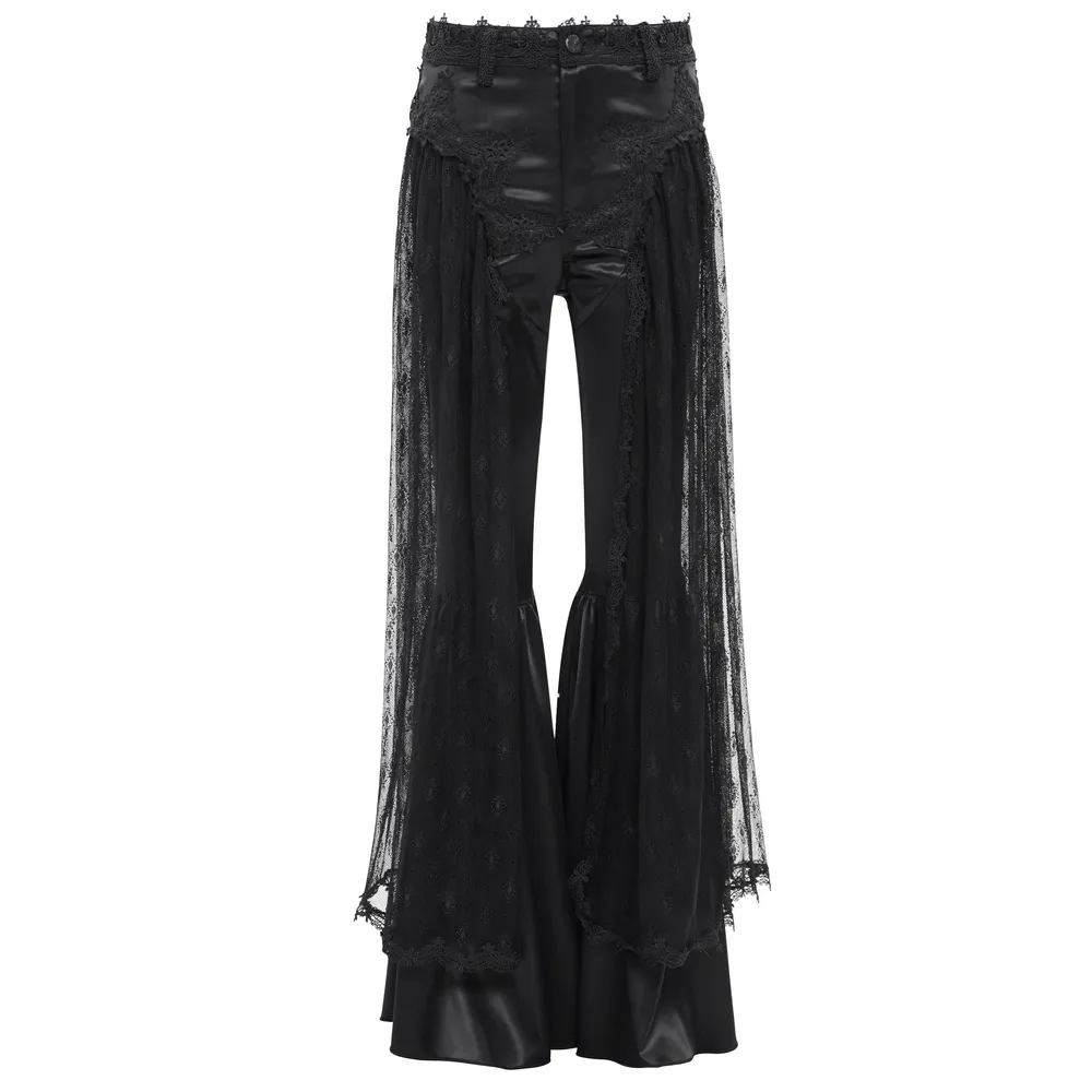 Gothic Lace Overlay Bell-Bottom Pants with Satin Accents