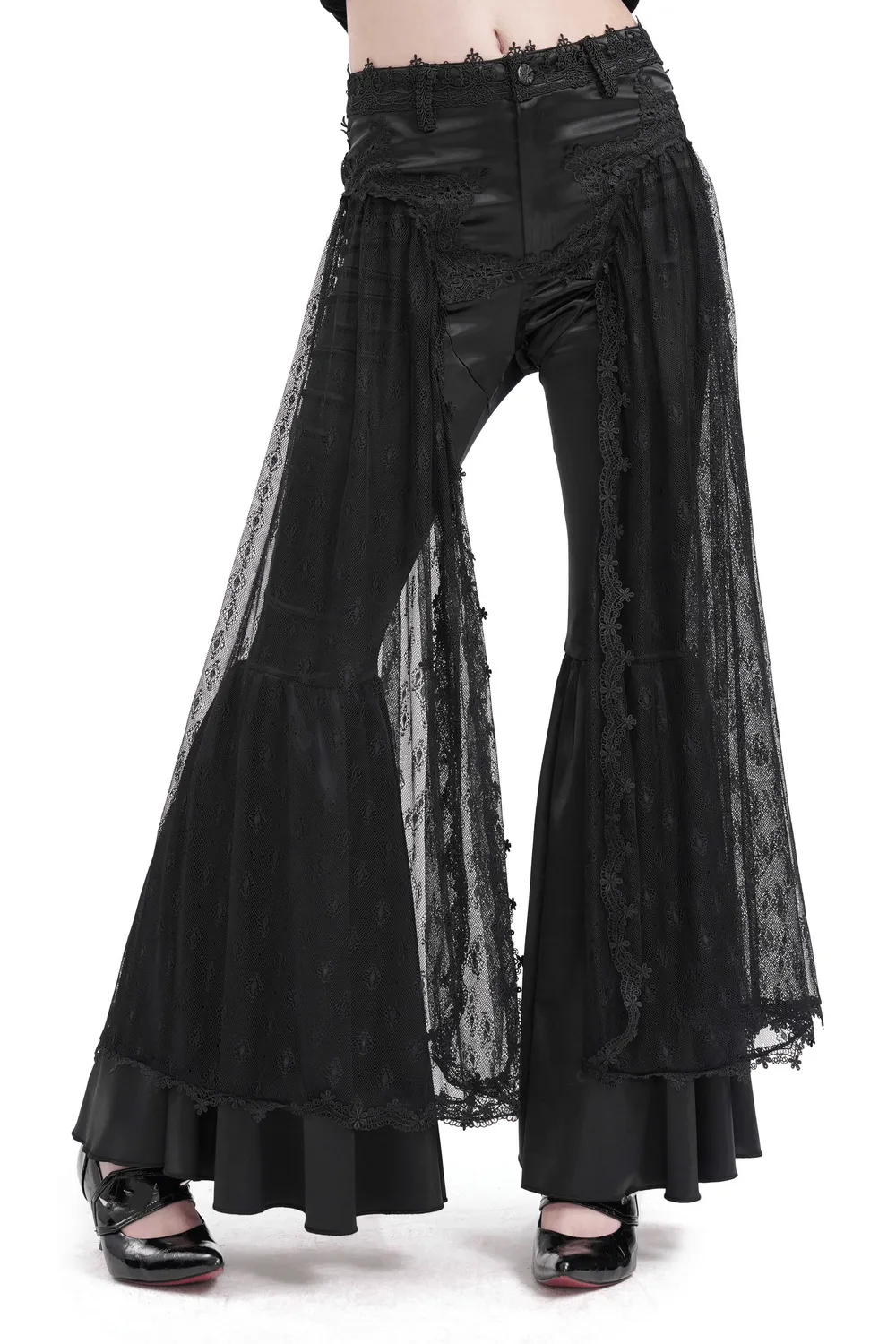 Gothic Lace Overlay Bell-Bottom Pants with Satin Accents