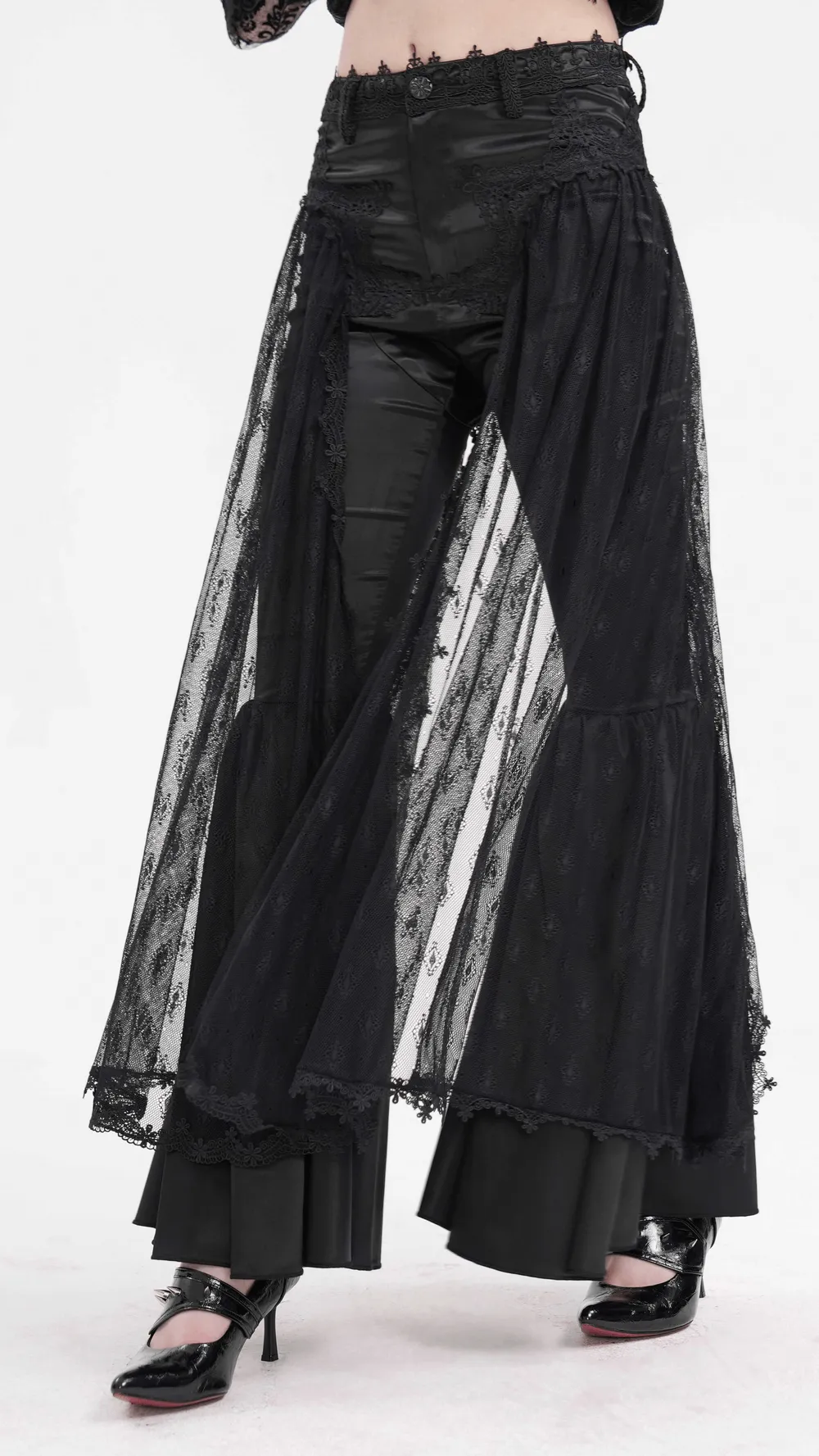 Gothic Lace Overlay Bell-Bottom Pants with Satin Accents