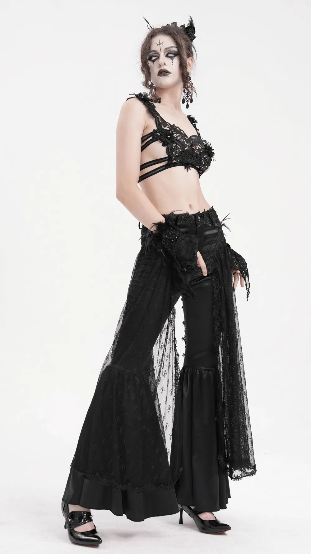 Gothic Lace Overlay Bell-Bottom Pants with Satin Accents