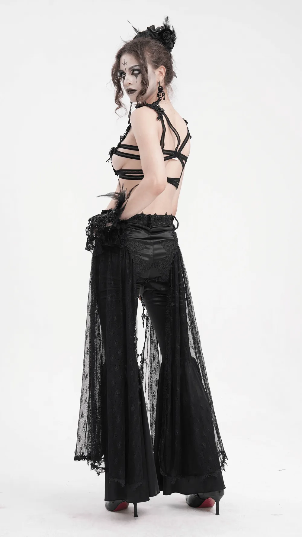 Gothic Lace Overlay Bell-Bottom Pants with Satin Accents