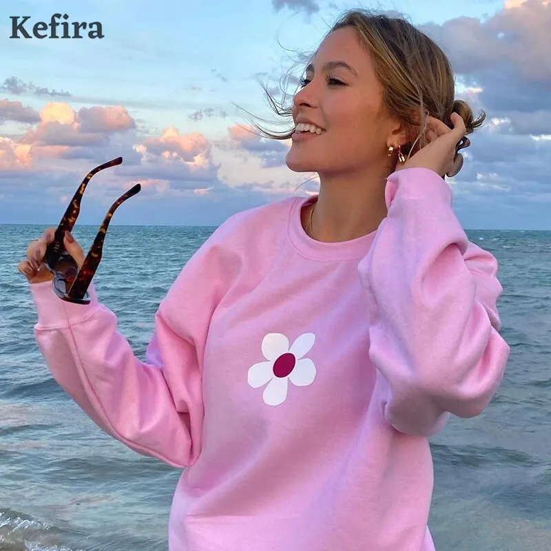 Joskaa Christmas Gift Kefira Spring/Autum Mushroom Embroidery Sweatshirts Women Casual Loose Long Sleeve Hoodies Cartoon Graphic Vintage Pullovers
