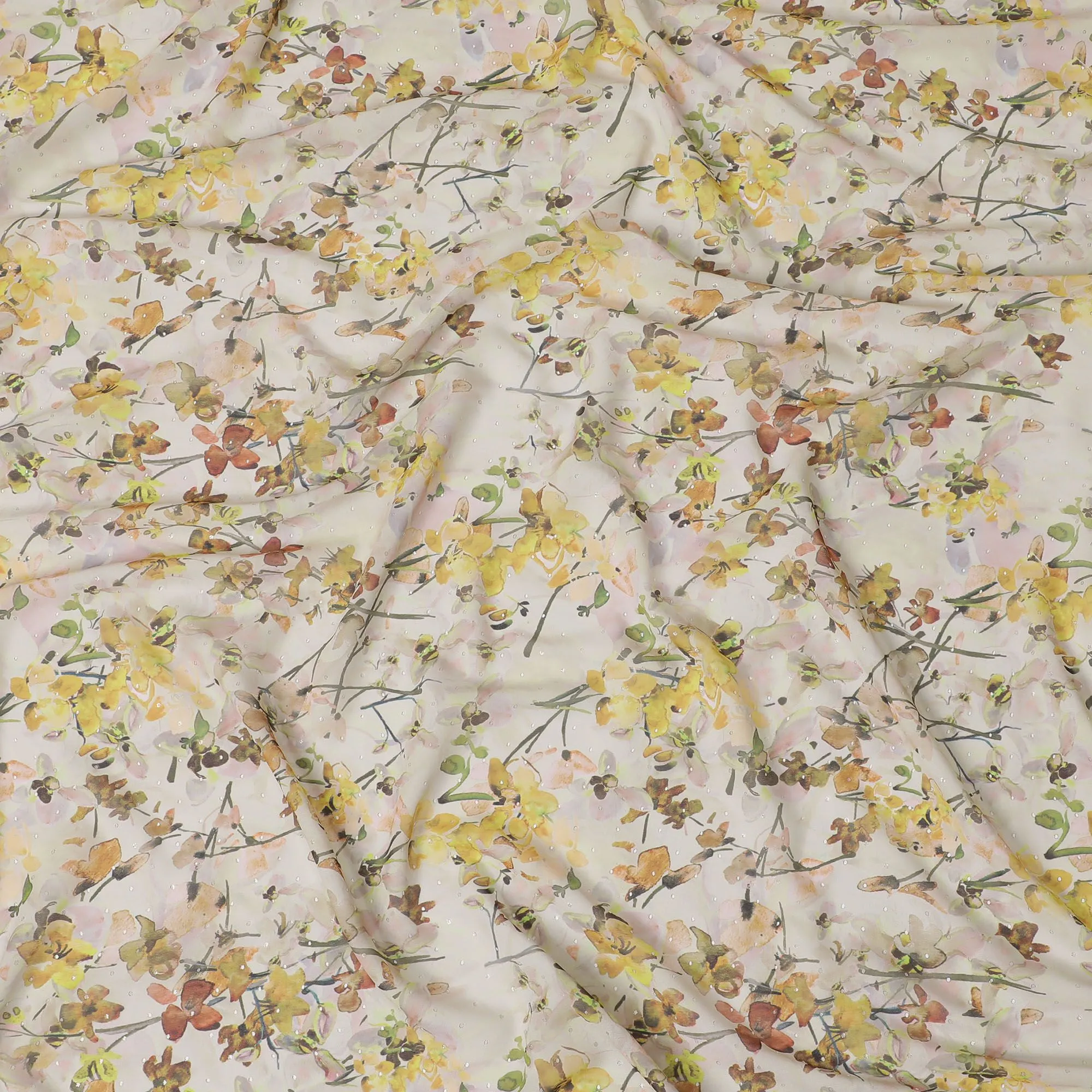 Light beige synthetic georgette fabric with multicolor print in floral design-D16857