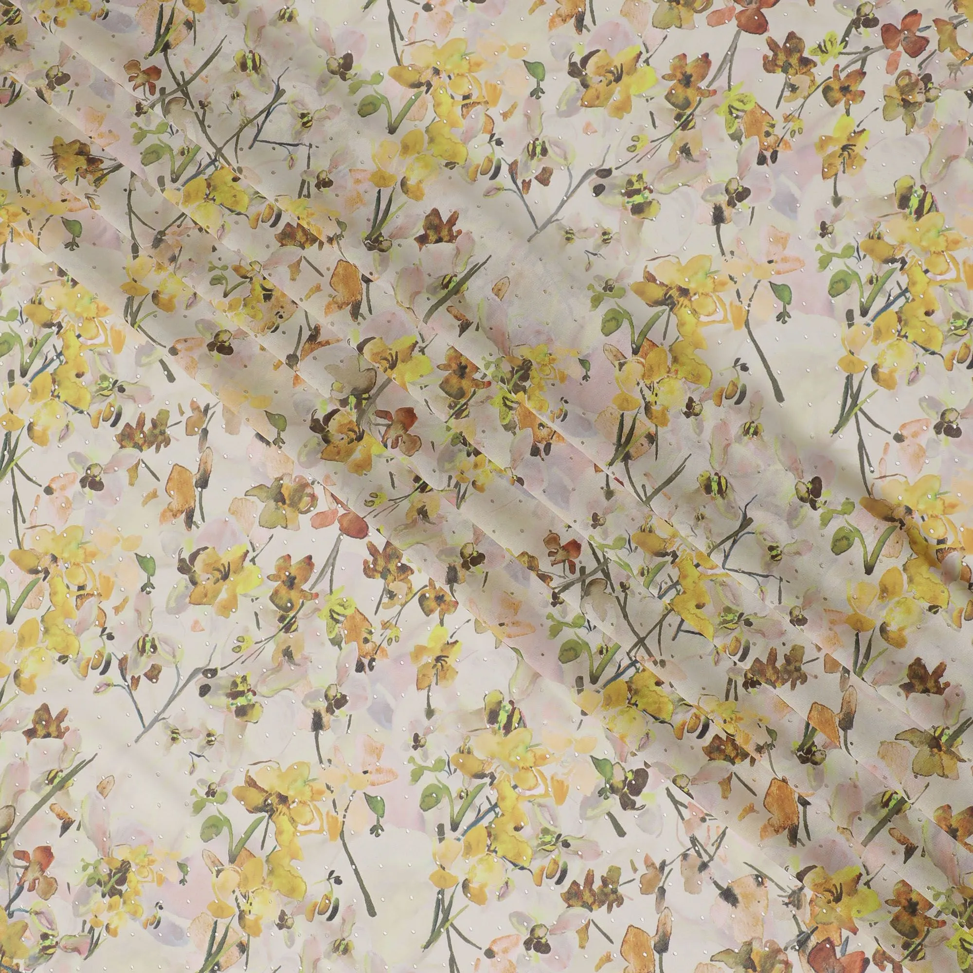 Light beige synthetic georgette fabric with multicolor print in floral design-D16857