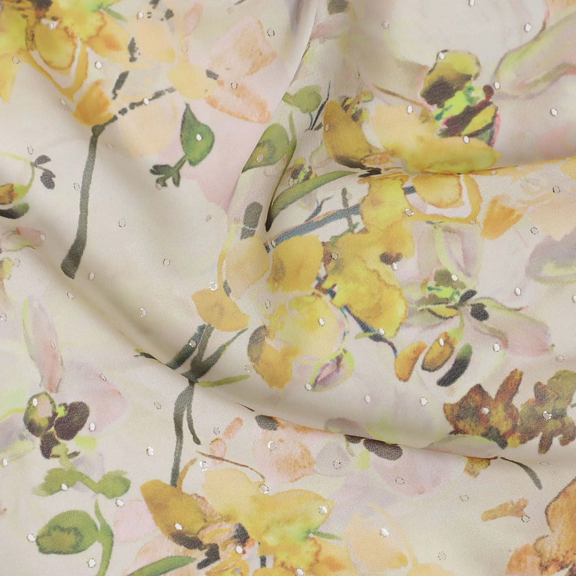 Light beige synthetic georgette fabric with multicolor print in floral design-D16857