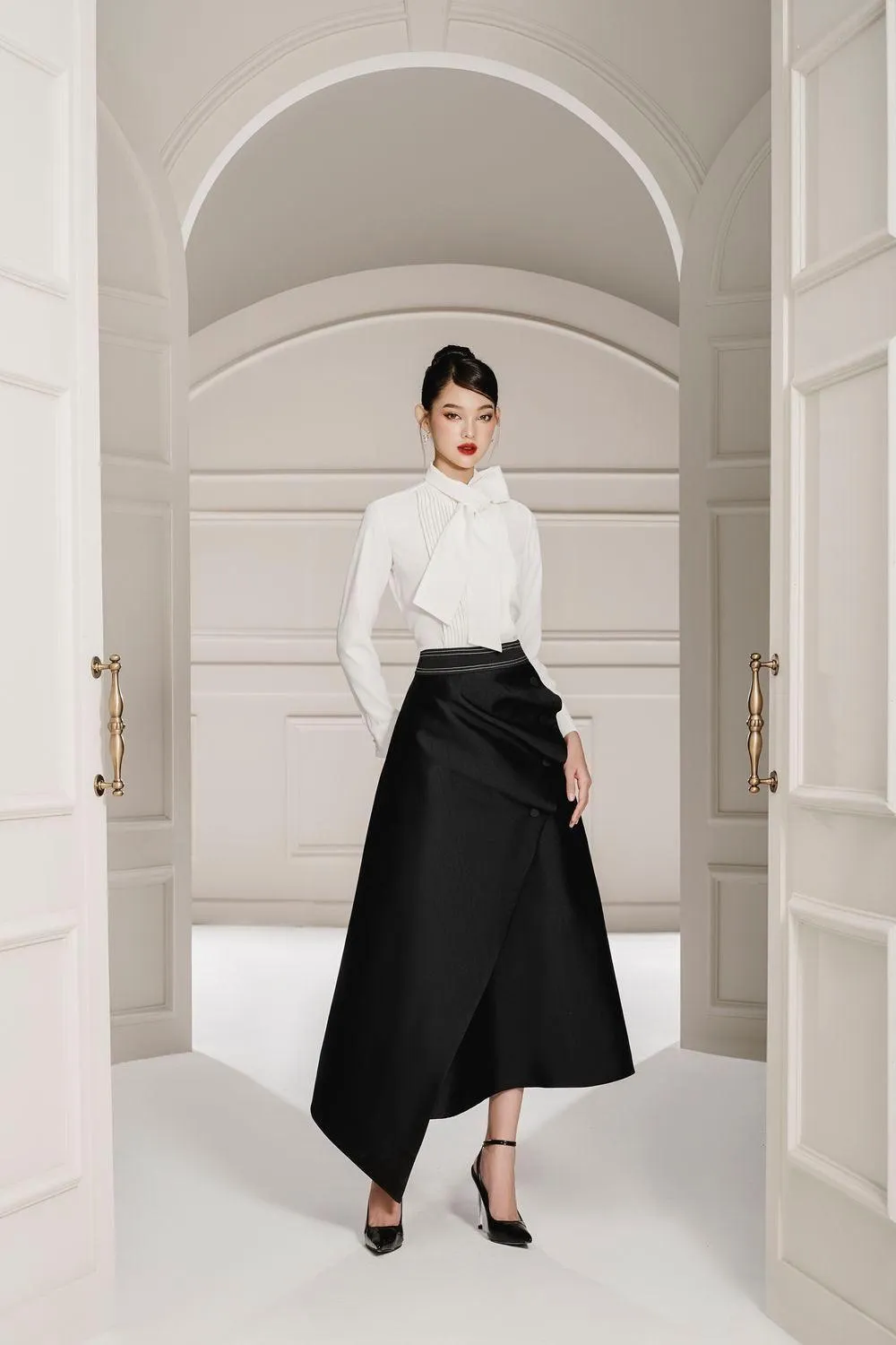 Maia Wrap Asymmetric Taffeta Midi Skirt