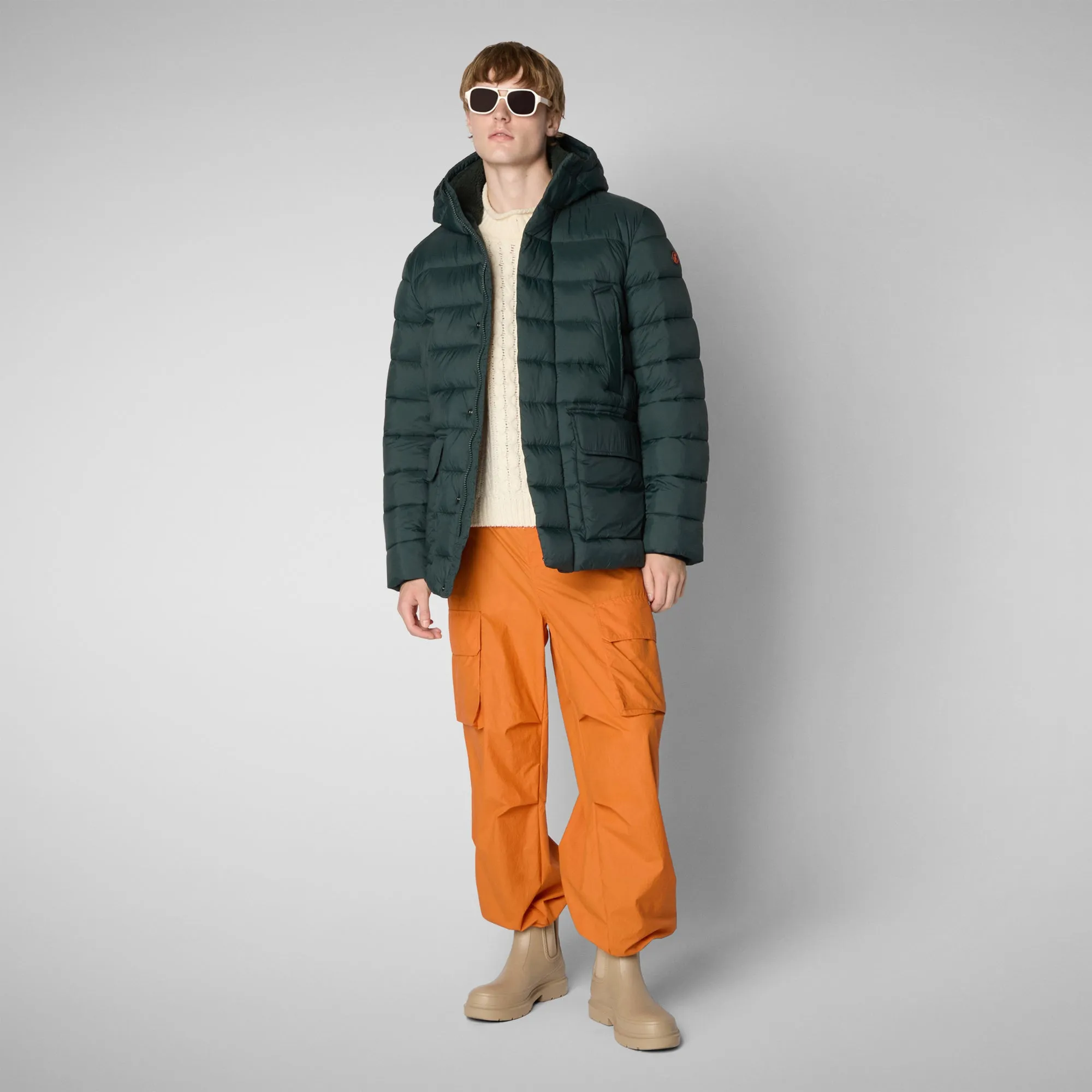 Man's animal free hooded puffer jacket Lyle in green black