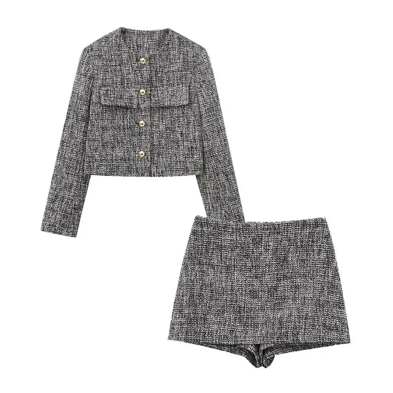 ONKOGENE Herbst Elegante Frauen Plaid Einreiher Schmücken Casual Jacke Mantel   Hohe Taille Zipper Mini Culottes 2-teiliges Set
