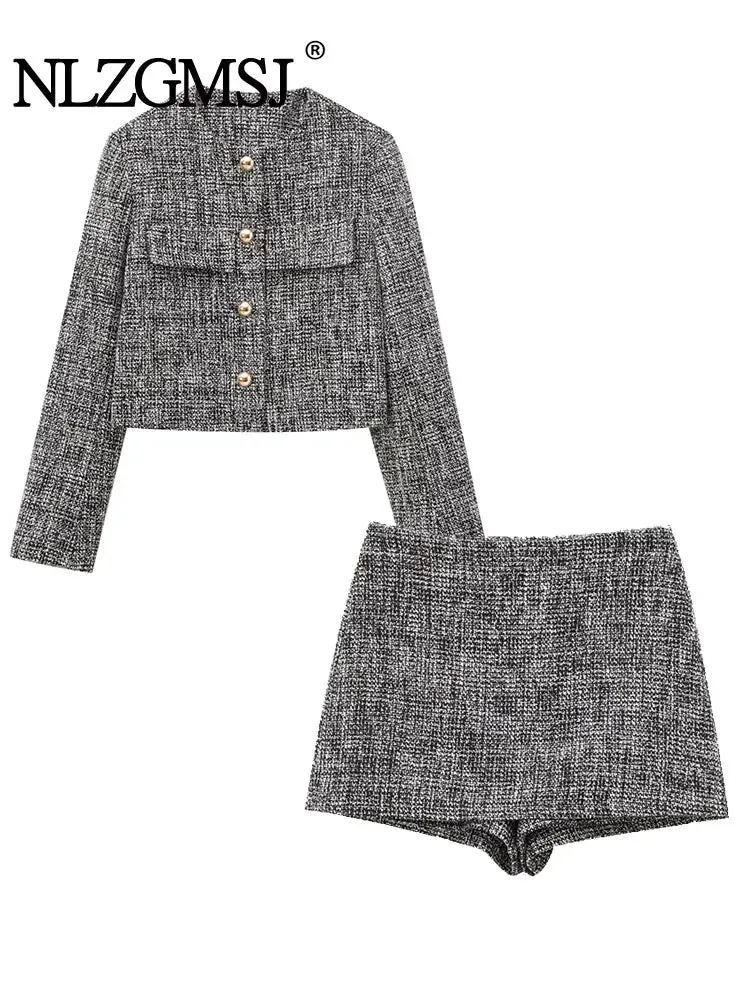 ONKOGENE Herbst Elegante Frauen Plaid Einreiher Schmücken Casual Jacke Mantel   Hohe Taille Zipper Mini Culottes 2-teiliges Set