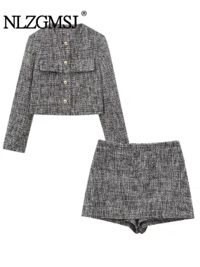 ONKOGENE Herbst Elegante Frauen Plaid Einreiher Schmücken Casual Jacke Mantel   Hohe Taille Zipper Mini Culottes 2-teiliges Set