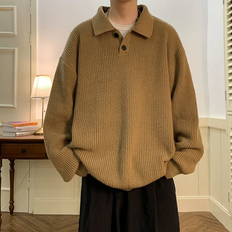 Riolio fall mens outfits Japanese Style Lazy Polo Collar Sweater Men's American Retro Brown High-Grade Oversize Inner Sweater