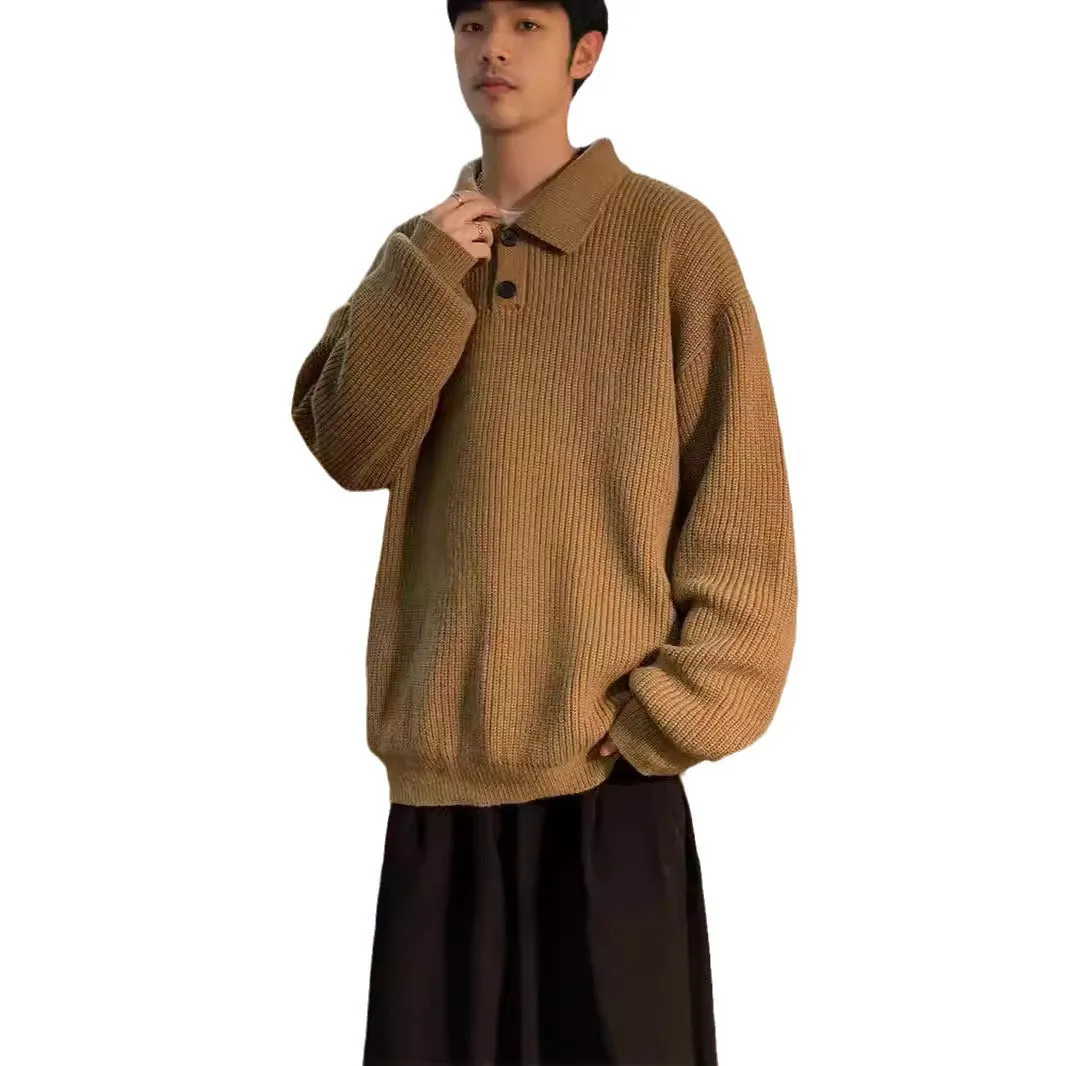 Riolio fall mens outfits Japanese Style Lazy Polo Collar Sweater Men's American Retro Brown High-Grade Oversize Inner Sweater