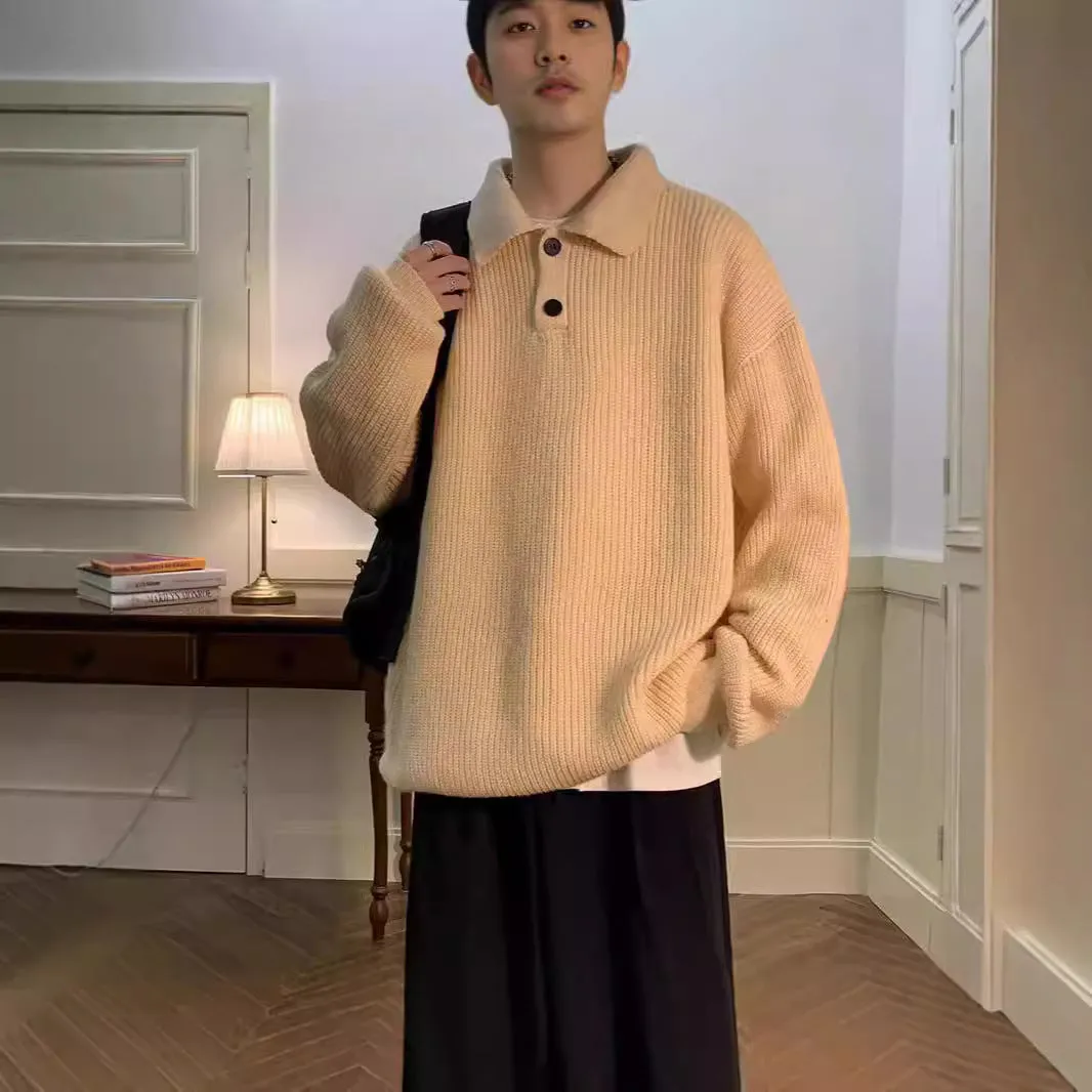 Riolio fall mens outfits Japanese Style Lazy Polo Collar Sweater Men's American Retro Brown High-Grade Oversize Inner Sweater