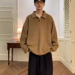 Riolio fall mens outfits Japanese Style Lazy Polo Collar Sweater Men's American Retro Brown High-Grade Oversize Inner Sweater