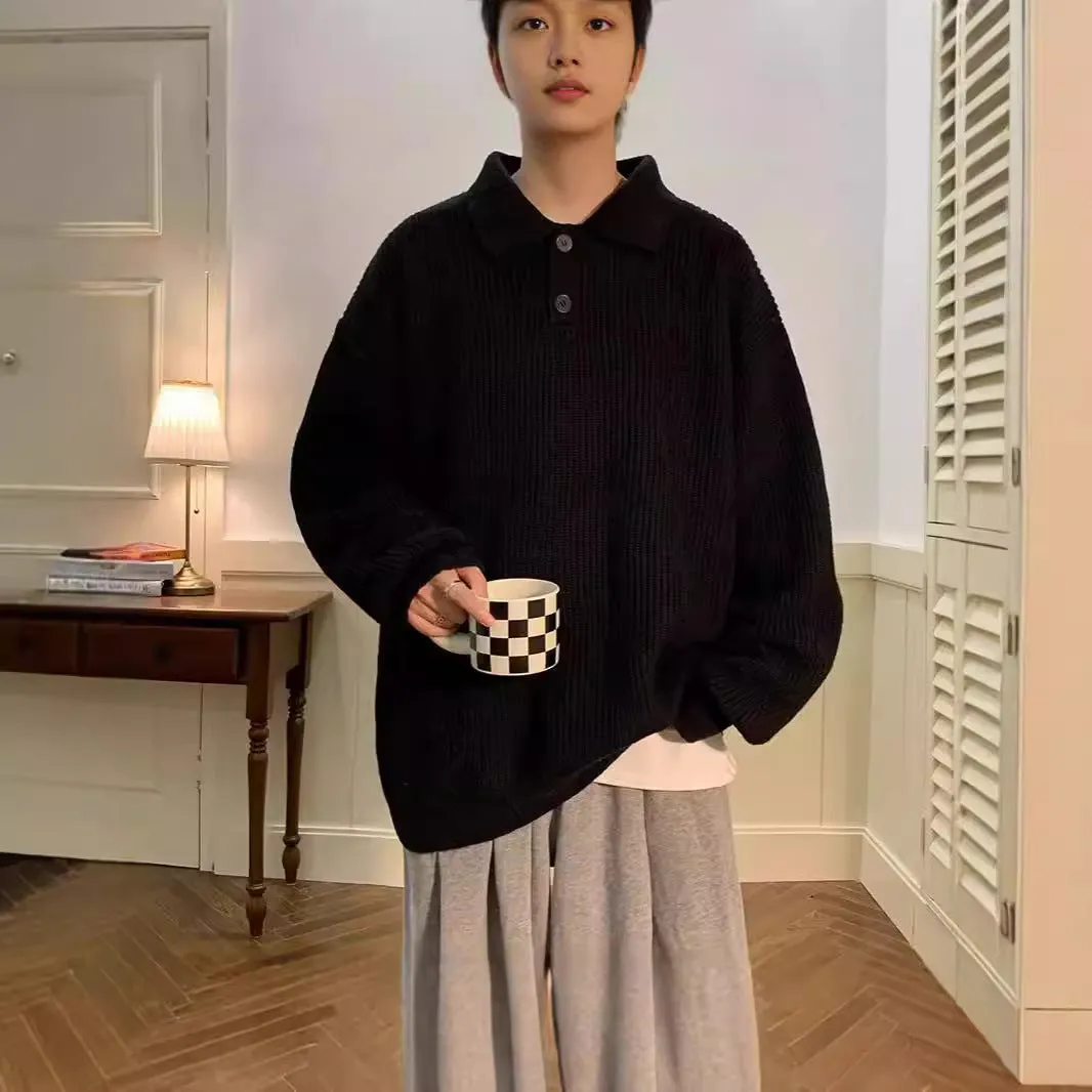 Riolio fall mens outfits Japanese Style Lazy Polo Collar Sweater Men's American Retro Brown High-Grade Oversize Inner Sweater
